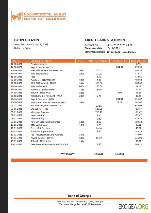Modèle de relevé bancaire de Georgia Bank of Georgia, format Word et PDF